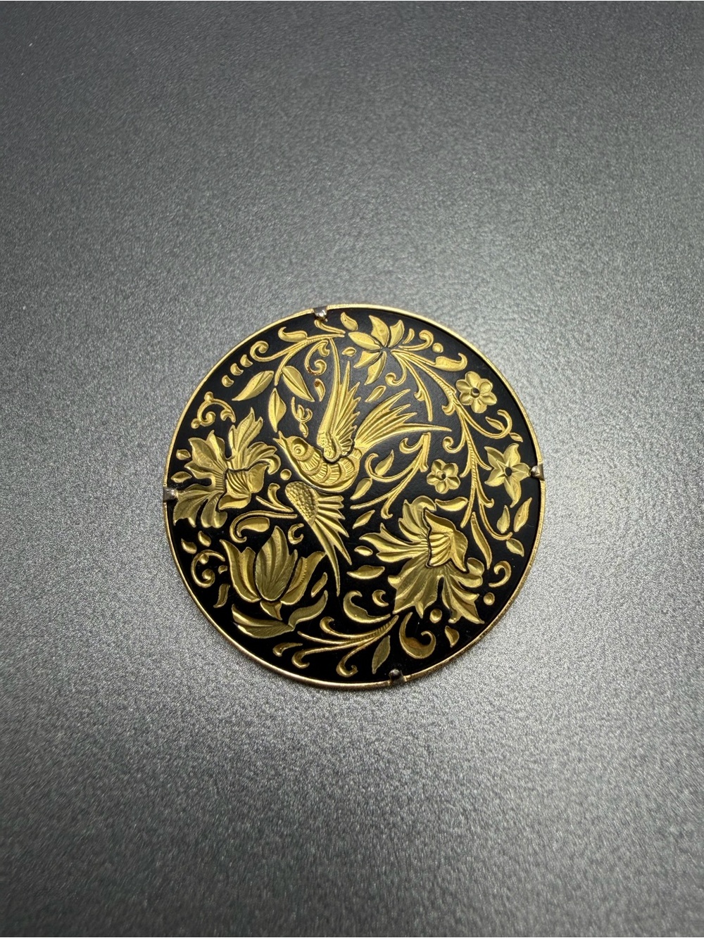 Vintage Damascene  Bird Medallion Brooch #13da